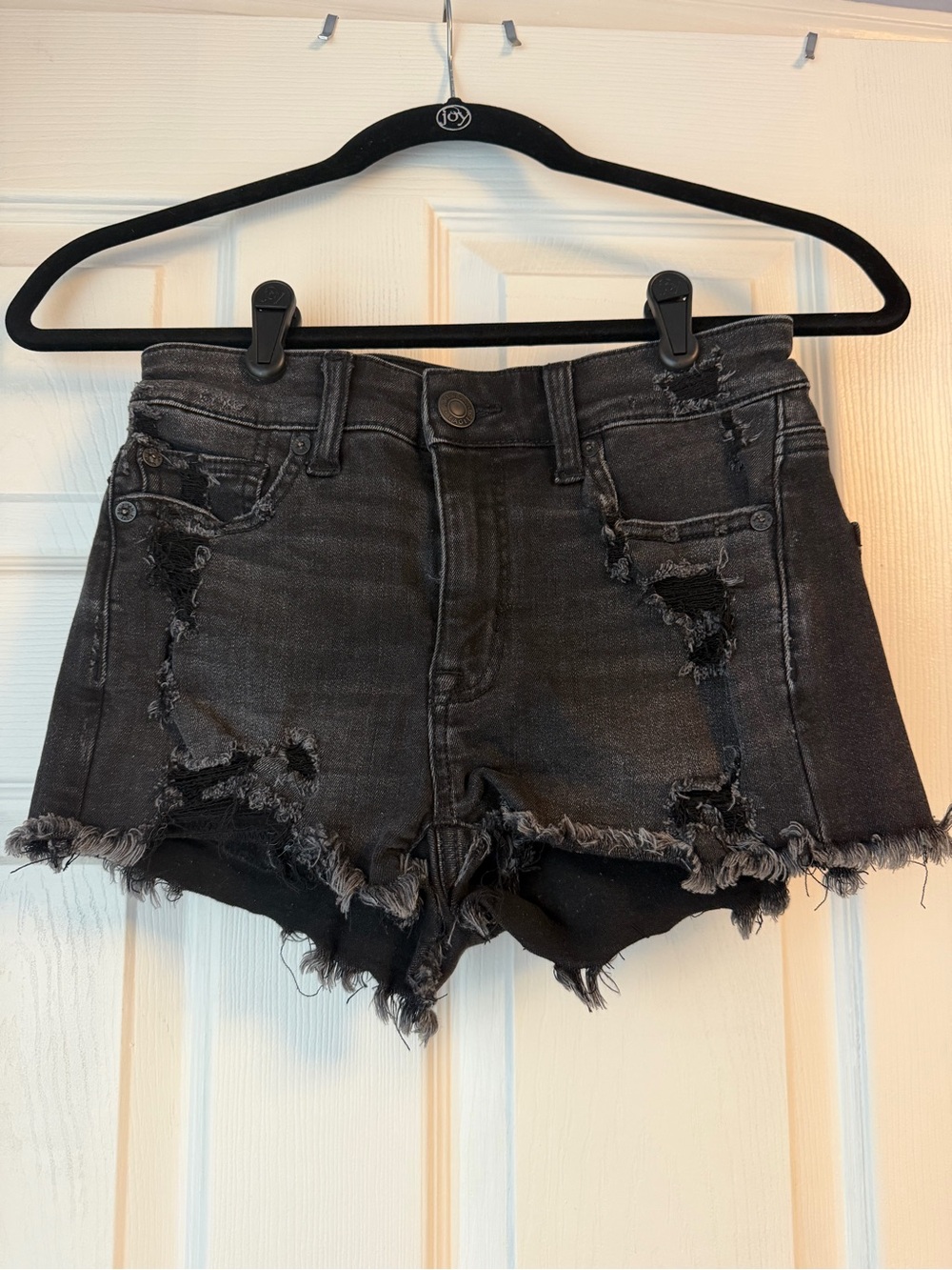 High-Rise Distressed Black Denim Shorts